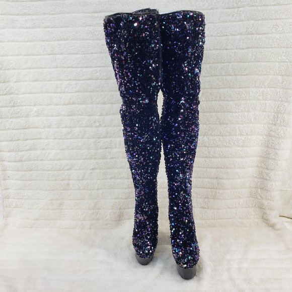 3020 Black Multi Stretch Sequin Platform 7" Heels Thigh High Boots - Picture 6 of 10